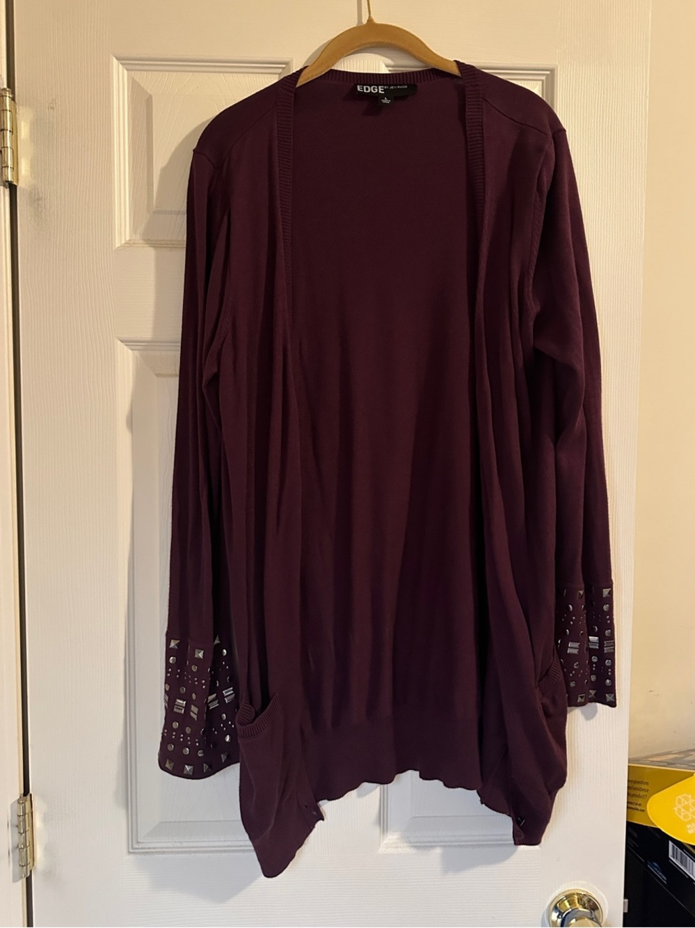 edge Plum Long Open-Front Cardigan with Embellished Cuffs